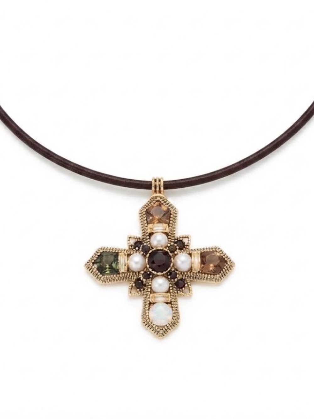 NWT ⚜️🤎⚜️ ATTERRI Genuine Leather Necklace with Jeweled Cross Pendant